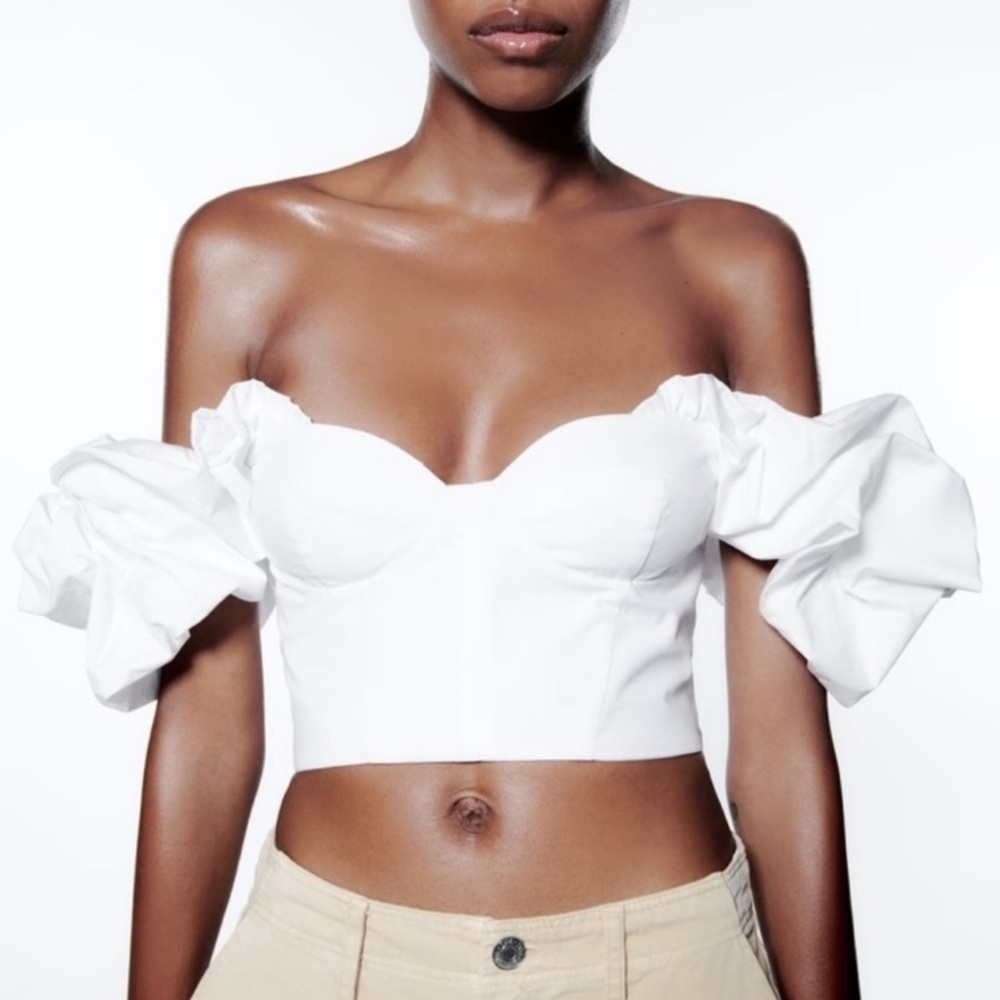 Zara white poplin bustier crop top with puff sleeves large
